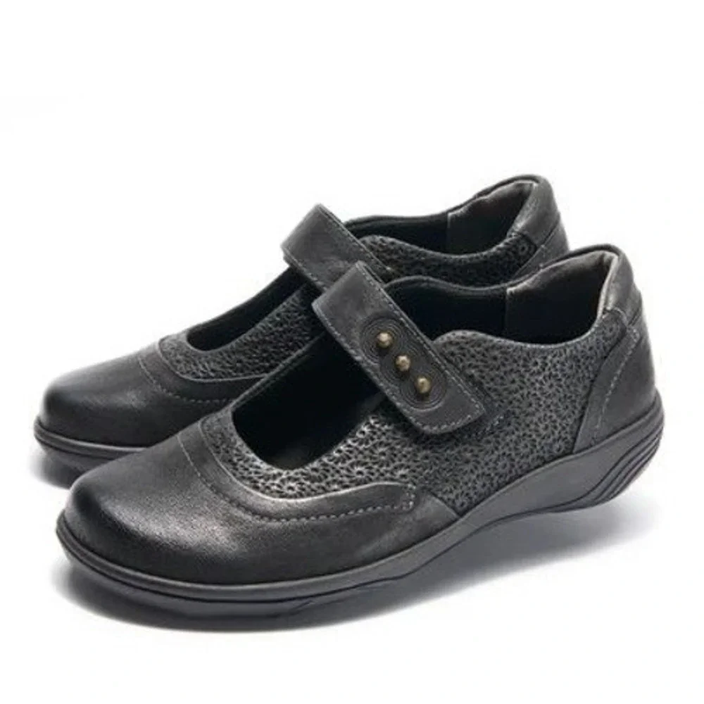 Halsa Aloe Embossed Mary Jane Comfort Shoes Womens 11W Black Leather Soft Casual